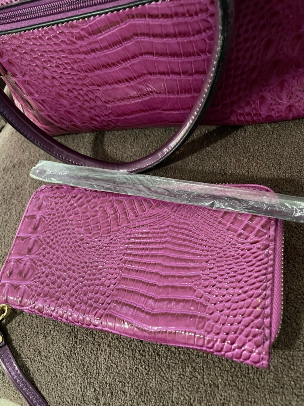 Structured Croc-Embossed Satchel and Wallet in Fuchsia - Picture 8 of 12